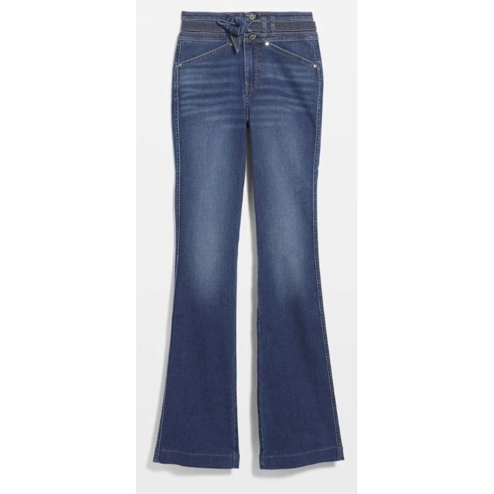 WHBM Extra High Rise Soft Denim Belted Trapunto Skinny Flare‎ Jeans - Dark - 00